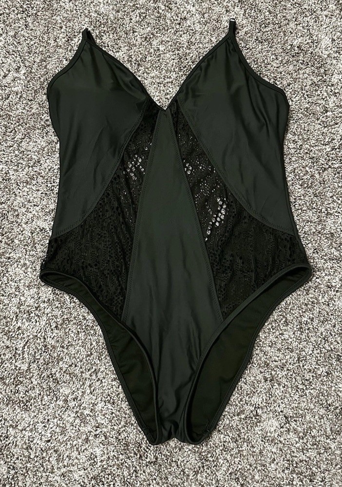 Women’s Army Green One Piece Swimsuit With Crochet Cutouts | Size Large