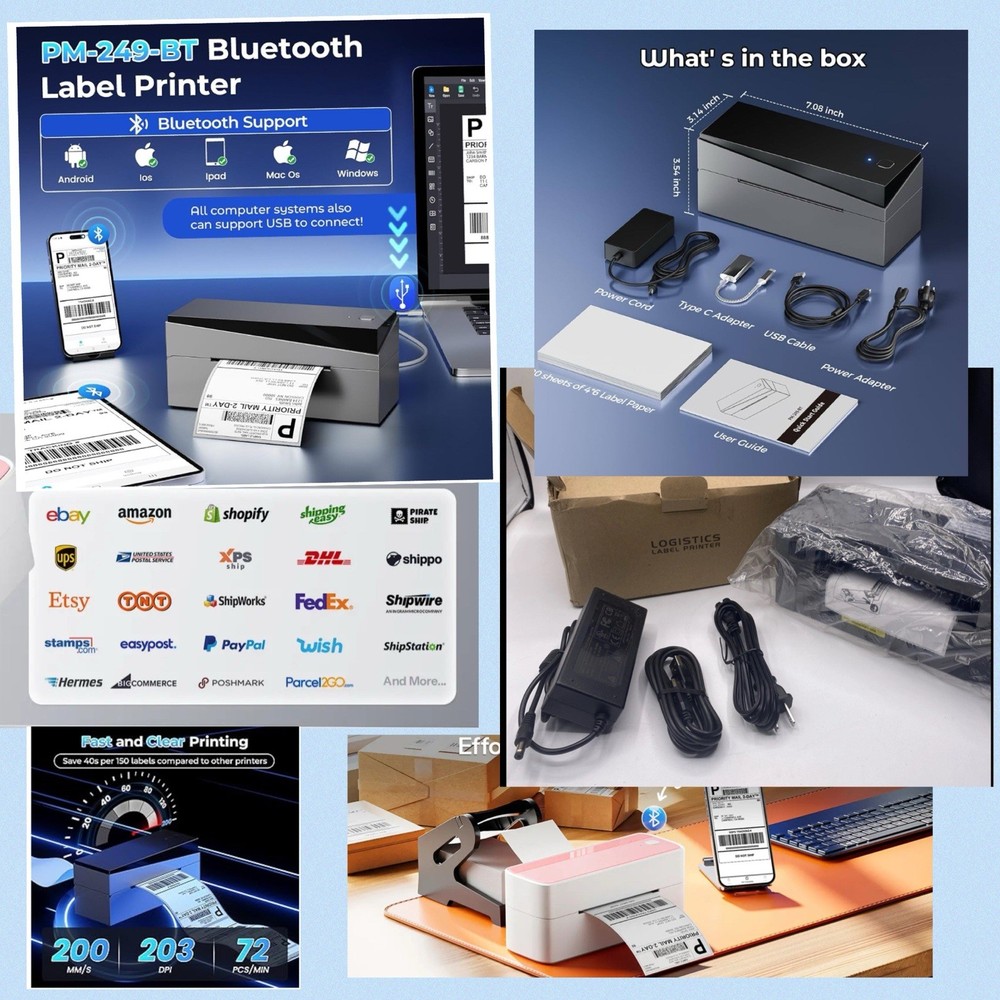 Logistic Thermal Label Printer PM249-BT Bluetooth Shipping Labels Black ATL 125-image