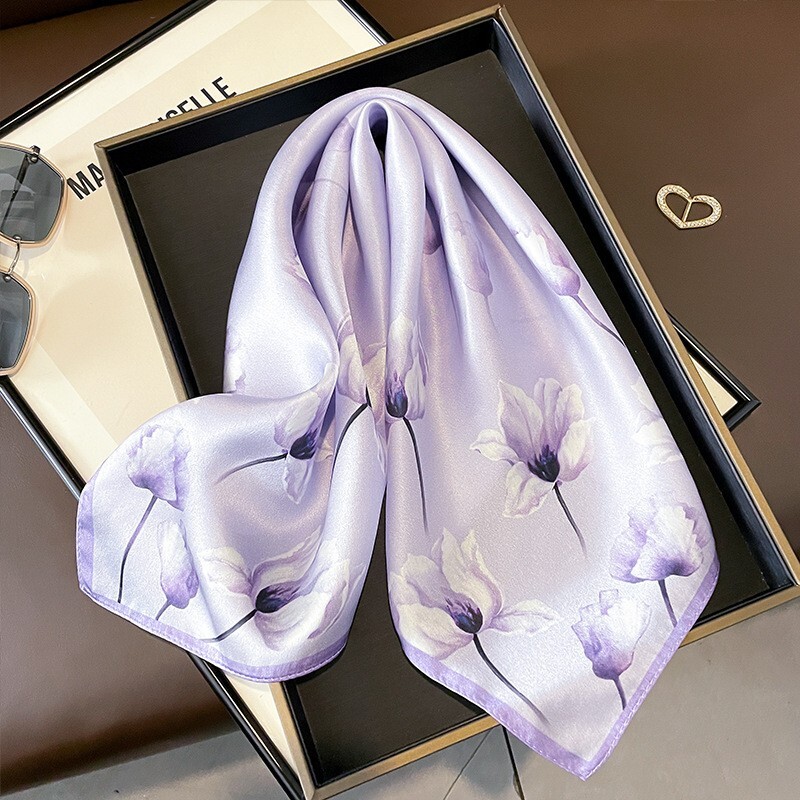 100% Silk Scarf Women Vintage Purple Flower Kerchief Square Bandana Wrap 53*53cm