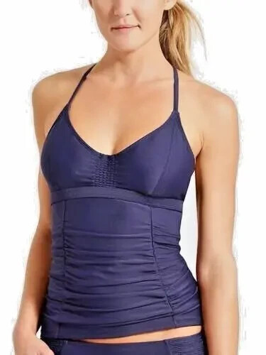Athleta Smocked Tankini Top Swim Suit Top Dress Navy Blue Size 32D/DD