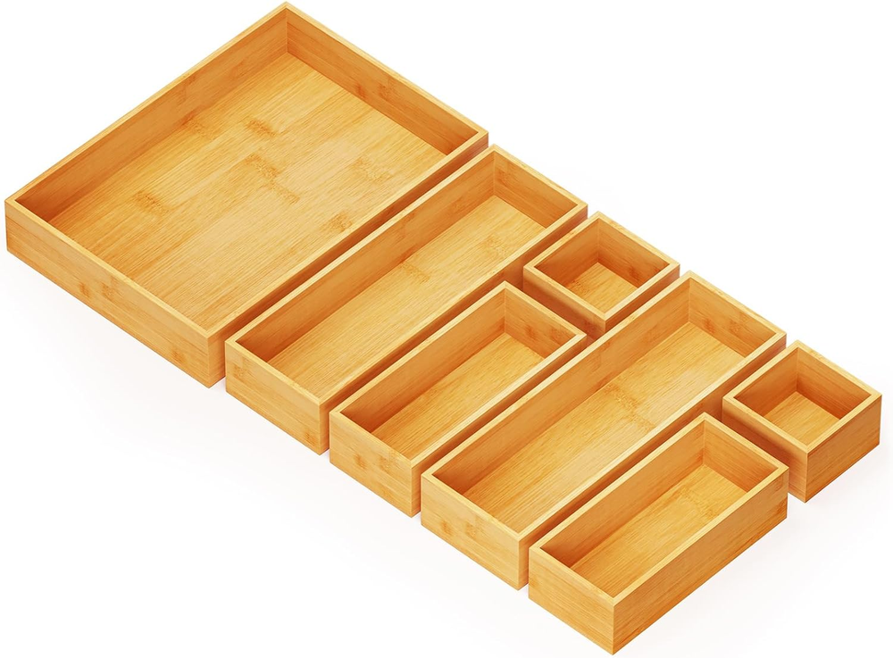 7-Piece Bamboo Drawer Organizer Set for Storage & Tidying