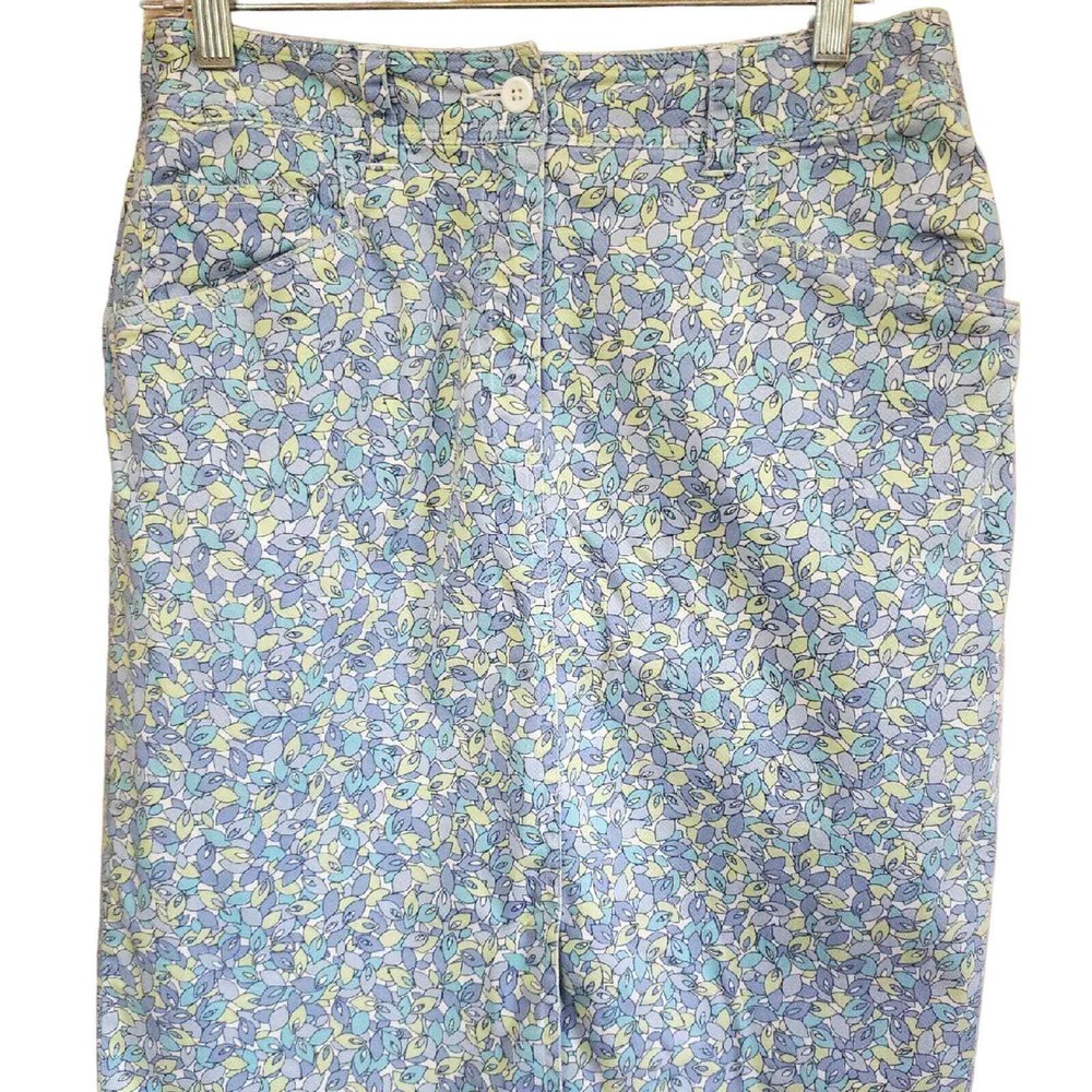 Talbots Petites Blue Green Leaf Floral Cotton Stretch Pencil Skirt Size 6P