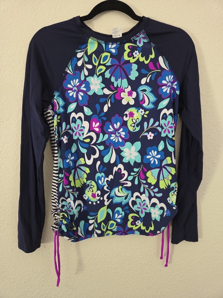 Womens Title Nine Navy Blue And Purple Paisley Long Sleeve Swim Cover Up Sz M