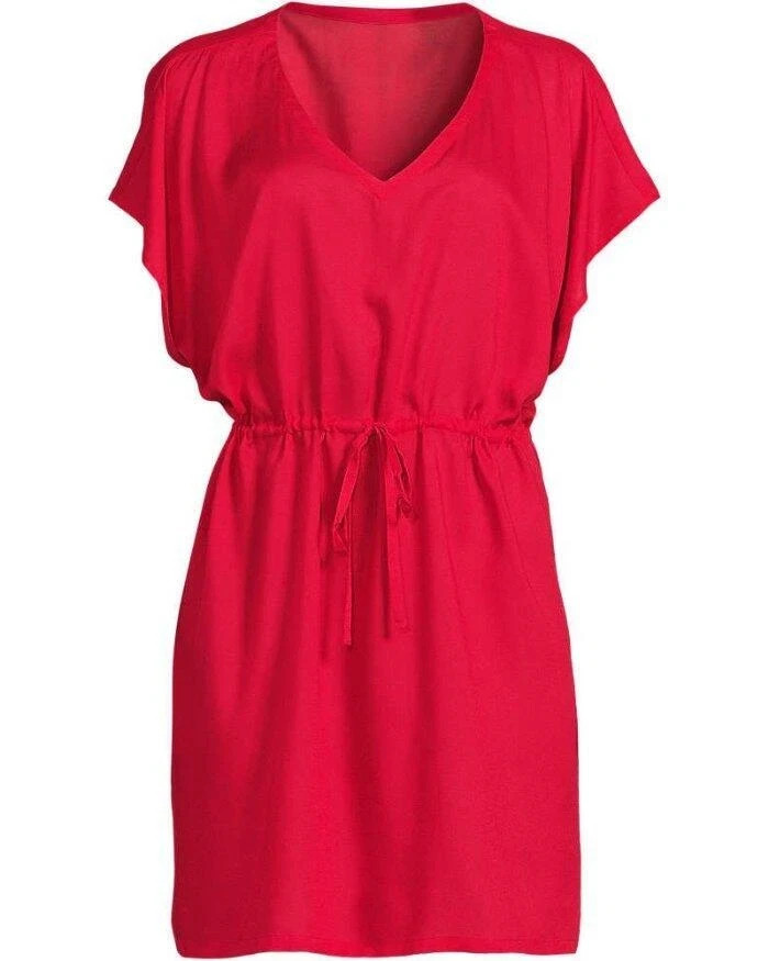 Lands' End Women's M-L Sheer Short Sleeve Gathered Waist Swim Cover-up Dress Ove