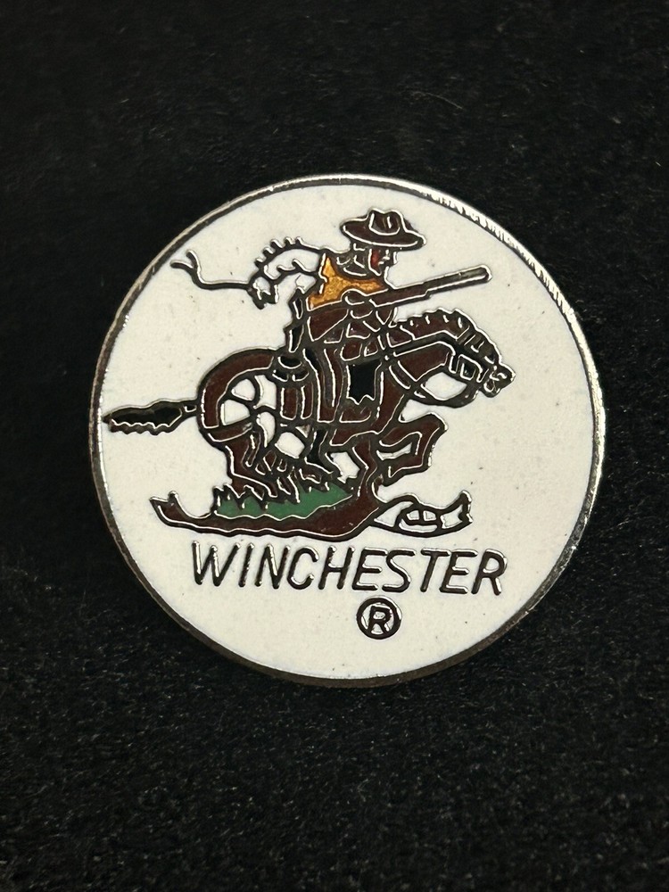 Vtg  WINCHESTER  Lapel / hat PIN  Rifle GUN Horse RIDER PONY EXPRESS ammunition