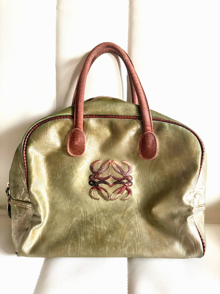 Auth Loewe Woodgrain khaki gold nylon x brown combination vintage Anagram bag