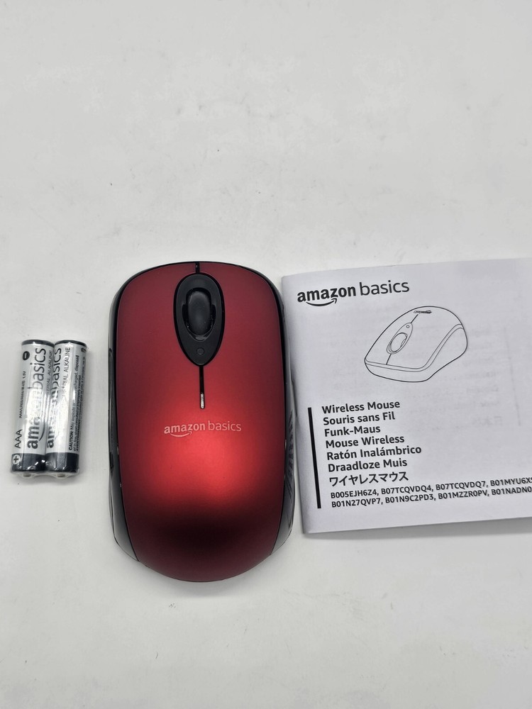 AmazonBasics Compact Wireless Mouse with USB Receiver - Sleek Red Design for Laptops, PCs, and Tablets-image