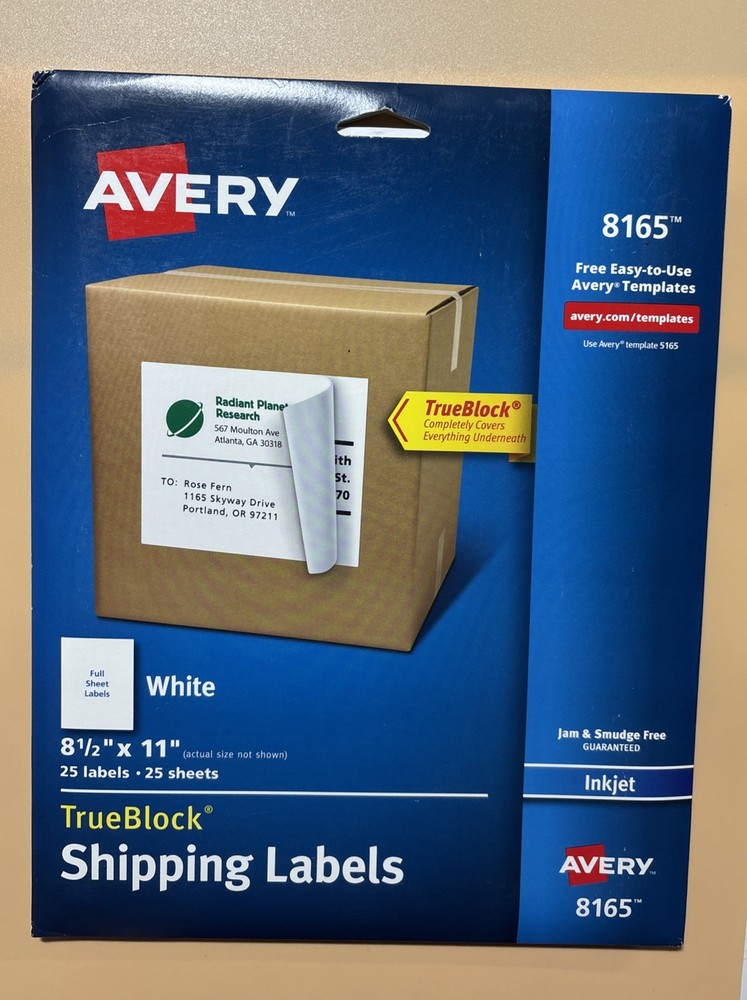 5 Packs Avery Trueblock Shipping Labels 8.5 x 11 Full Sheet Laser & Inkjet 8165
