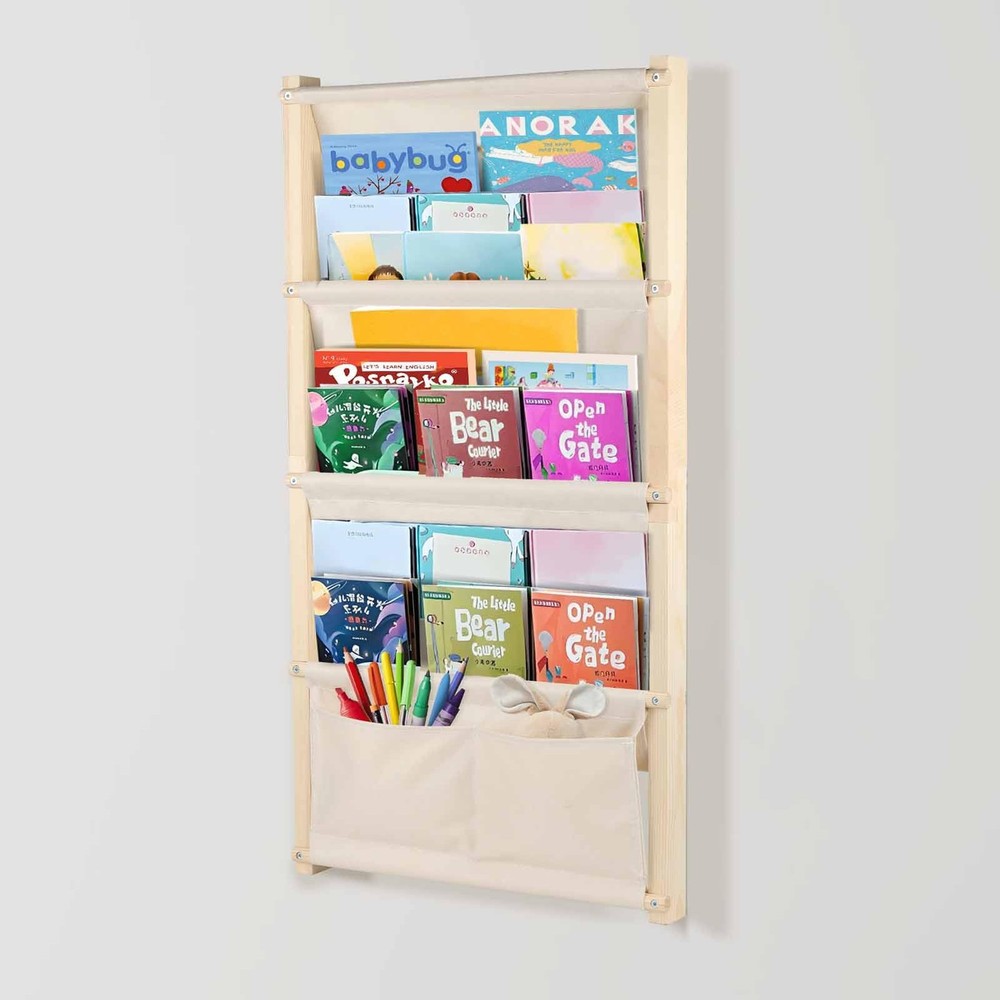4-Tier Wooden Wall Mounted Kids Bookshelf Montessori Style Storage