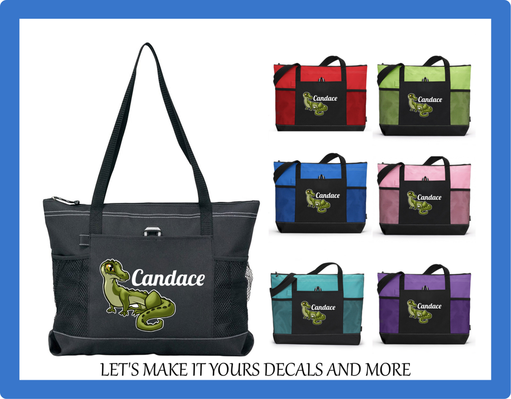 ALLIGATOR W/ NAME CUSTOM TOTE PURSE TRAVEL GYM SCHOOL DANCE DIAPER BAG ZIPS