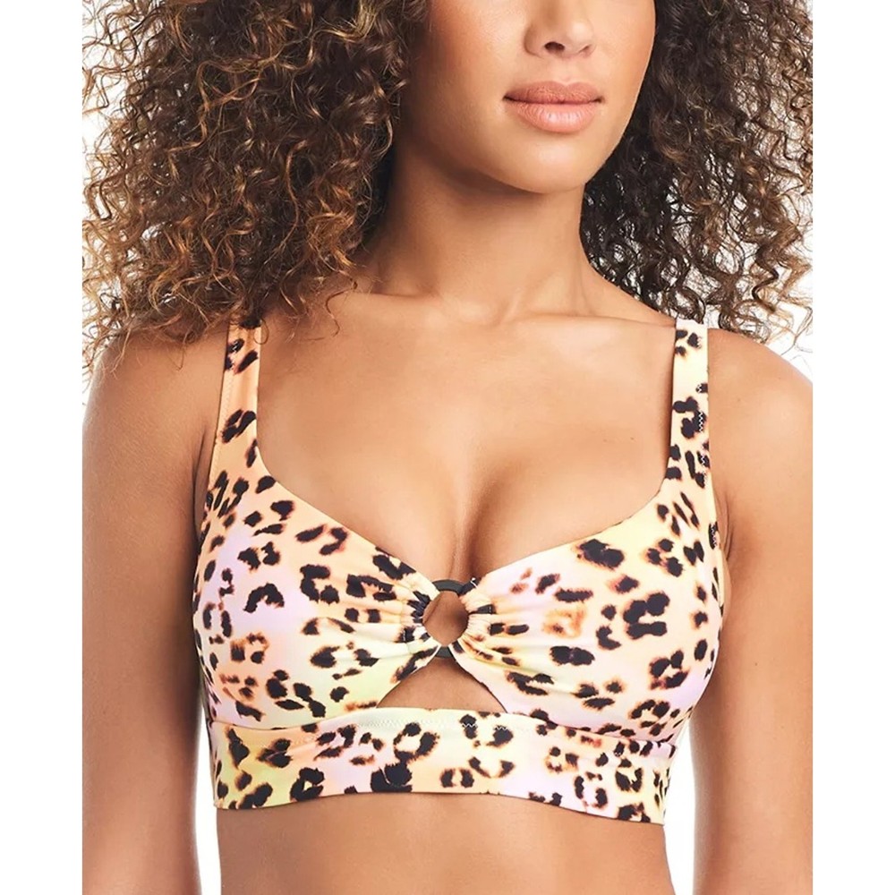 Bar III Women Leopard Print Beachwear Tie Back O-Ring Swim Bikini Top Size M