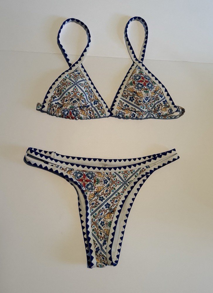 Boho Print Bikini With Royal Blue Zig Zag Print trim In Size Small