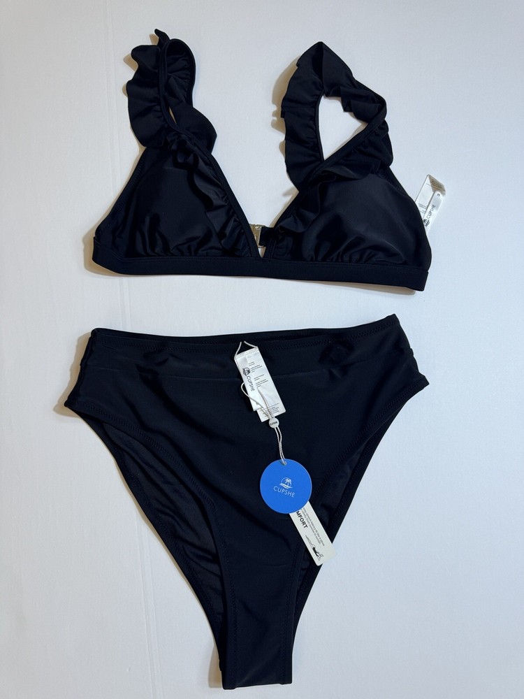 CUPSHE Bikini Sz M Black Ruffle V Neck High Waisted Two Piece Swimsuit Women