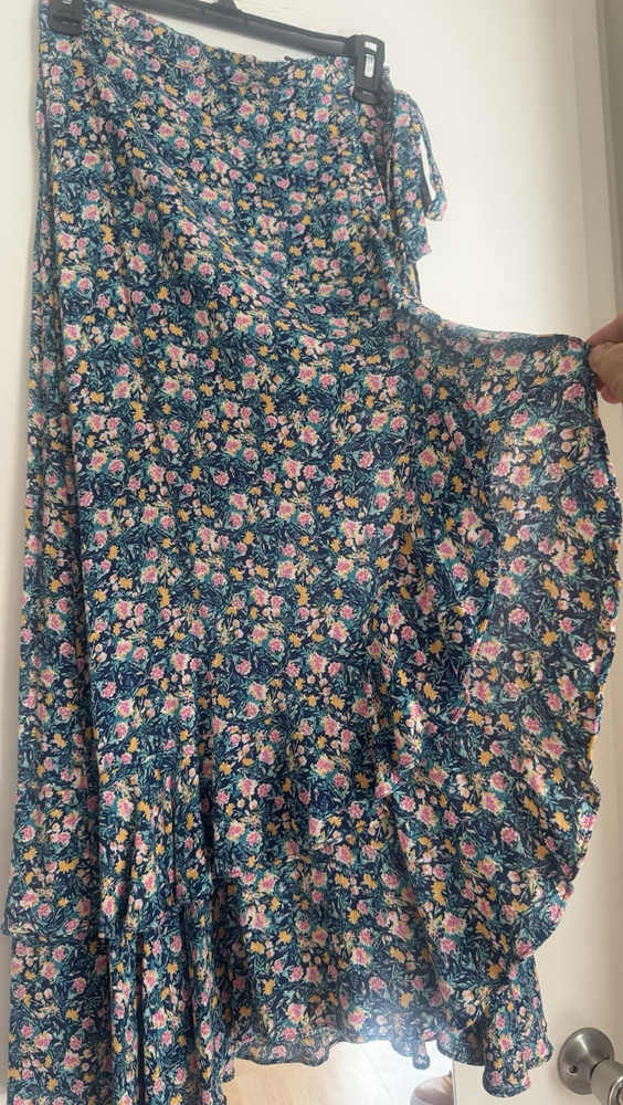 Lulus Women's XS Floral Wrap Maxi Skirt Blue Pink Green Yellow Ruffle Tie