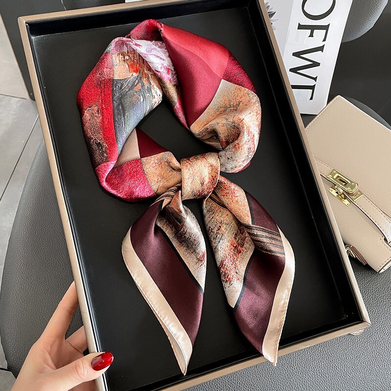 100% Silk Scarf Women Red Geometric Square Bandana Wrap 65x65cm Fashion Accessory
