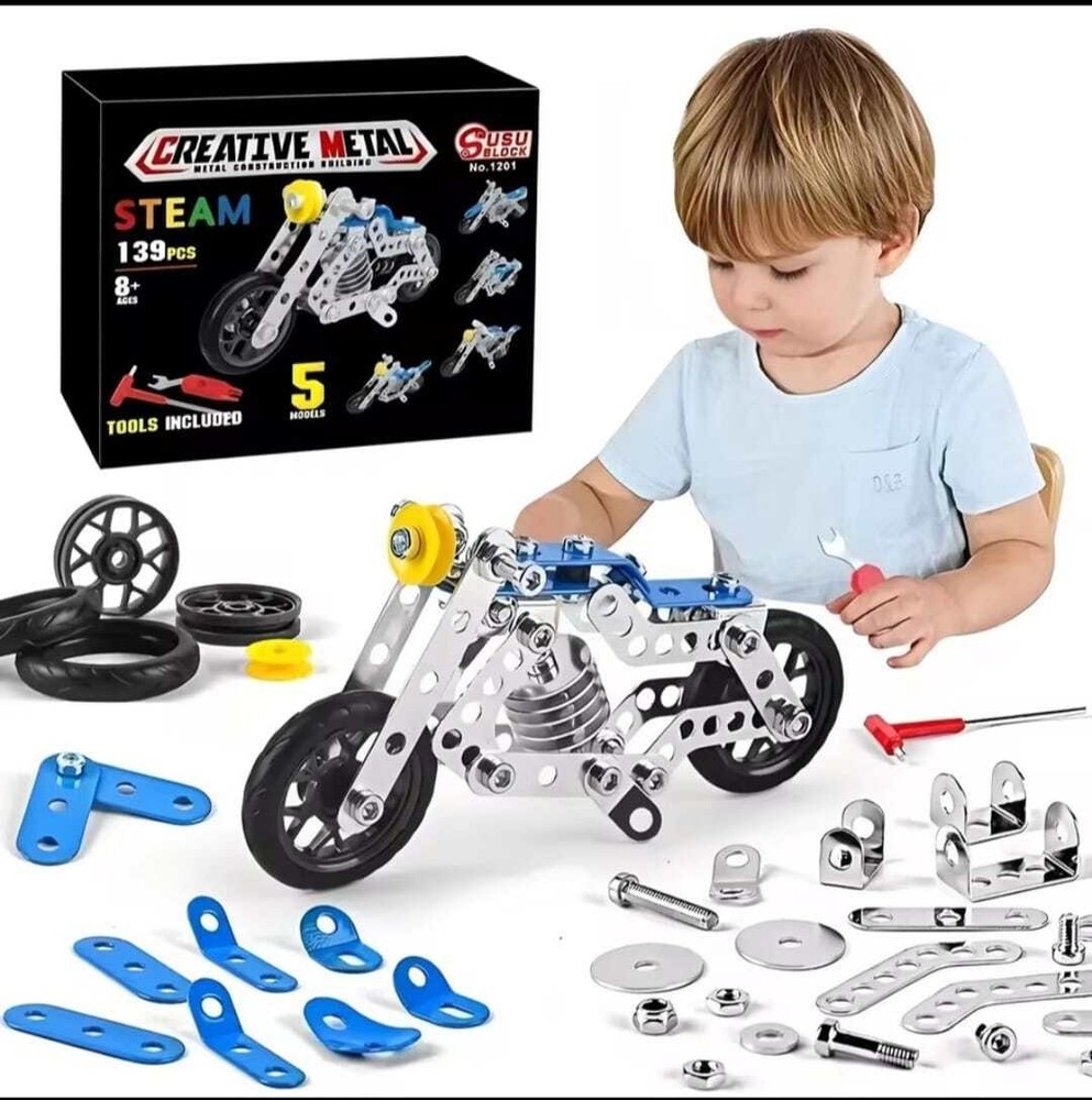 Erector Set Motorcycle – STEM Metal Building Construction Model Kit (5-in-1 Vari