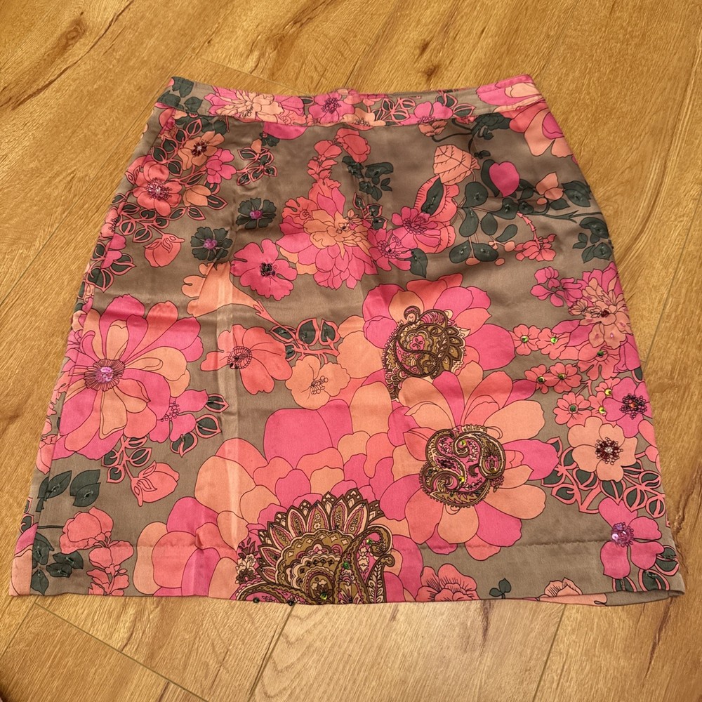 Vintage Silk Pencil Skirt Beaded Floral Paisley Satin Pink 90s plenty Large Y2K