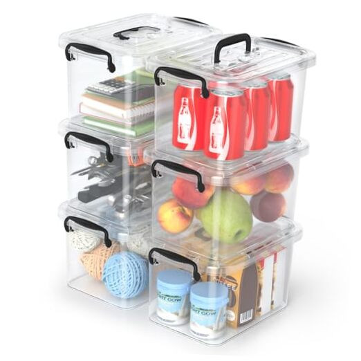 6 Pack 6 Quart Clear Plastic Storage Bins with Black Lids