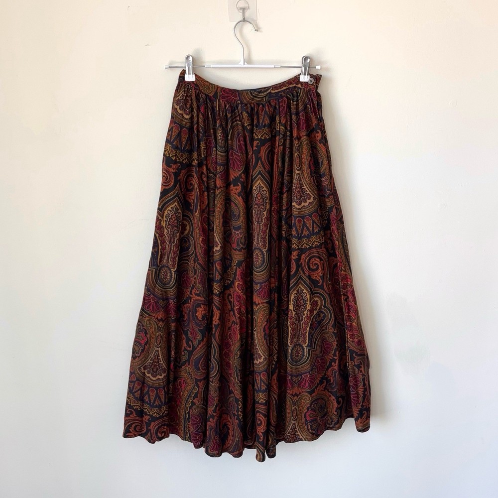 Vintage 80s Ralph Lauren Bohemian Paisley Wool Blend Skirt Italy Blue Label