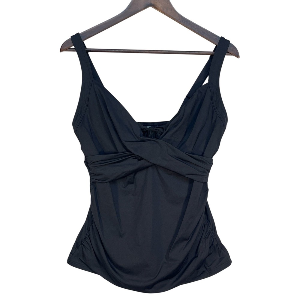 Lands End Black Tankini Top Twist Front Ruched Sides Adjustable Straps Sz 10 DDD