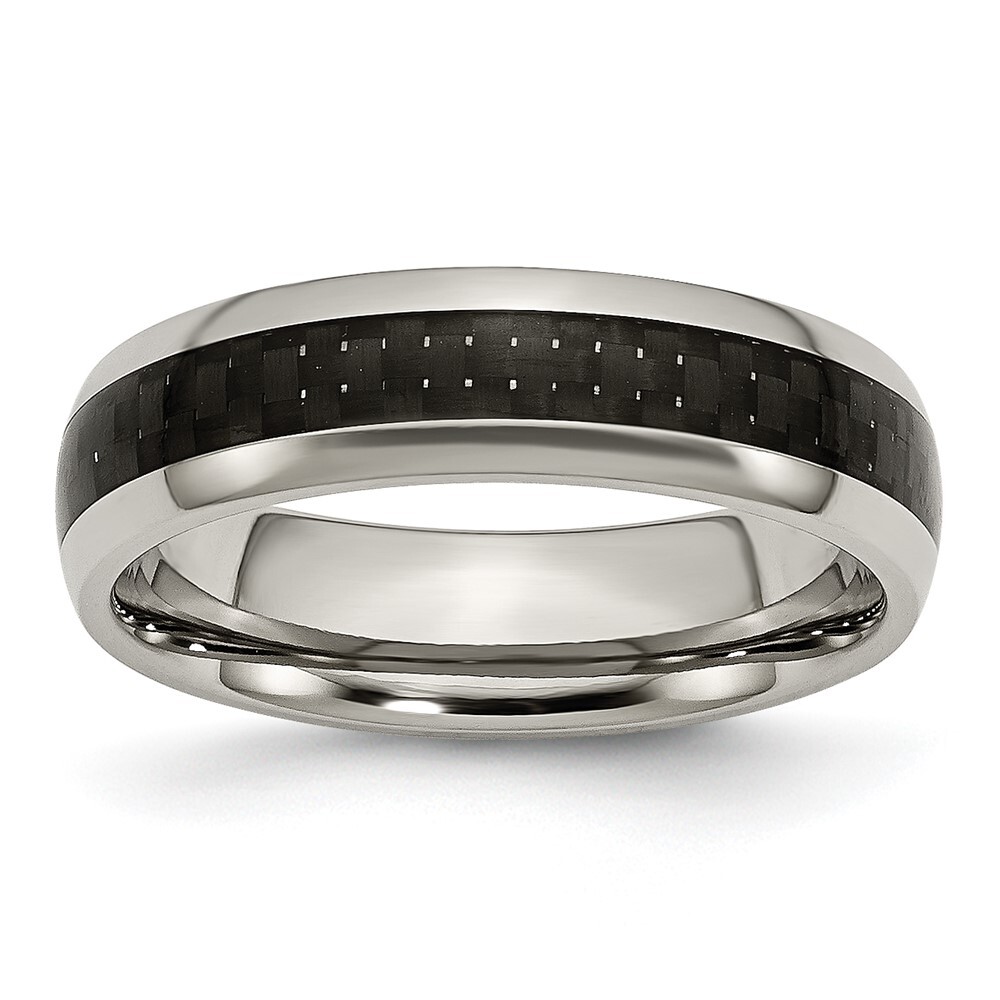 Titanium Polished with Black Carbon Fiber Inlay 6mm Band Ring Size 8