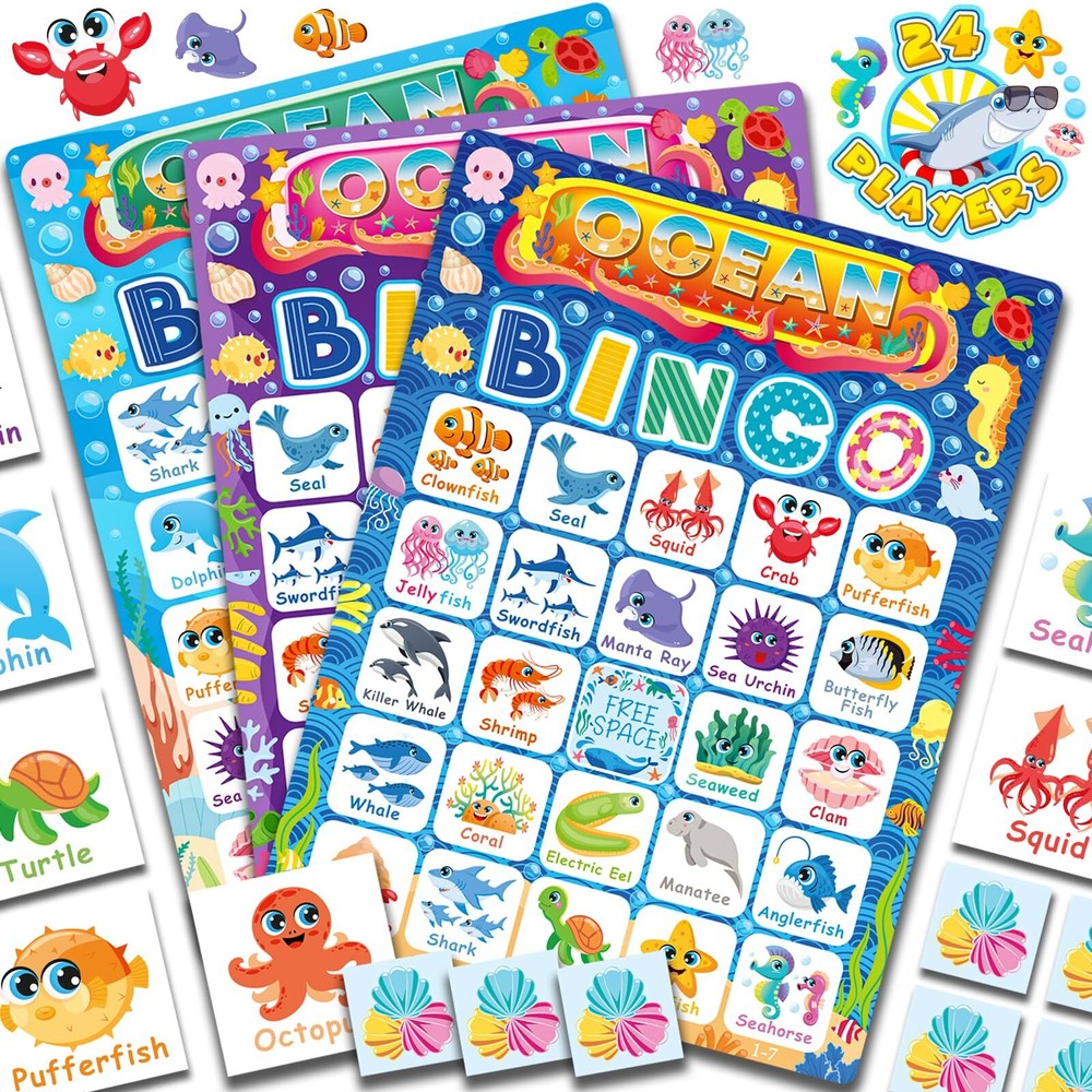 YTSQLER Ocean Bingo Game 24 Players Ocean Animals Bingo Game for Kids Bingo U...