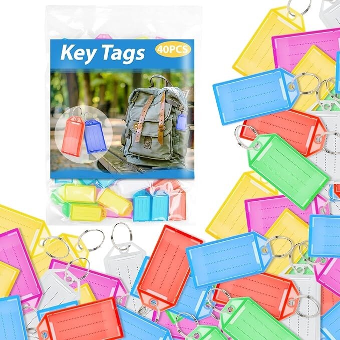 40 Pack Plastic Key Tags with Split Ring and Label Window, 10 Colors