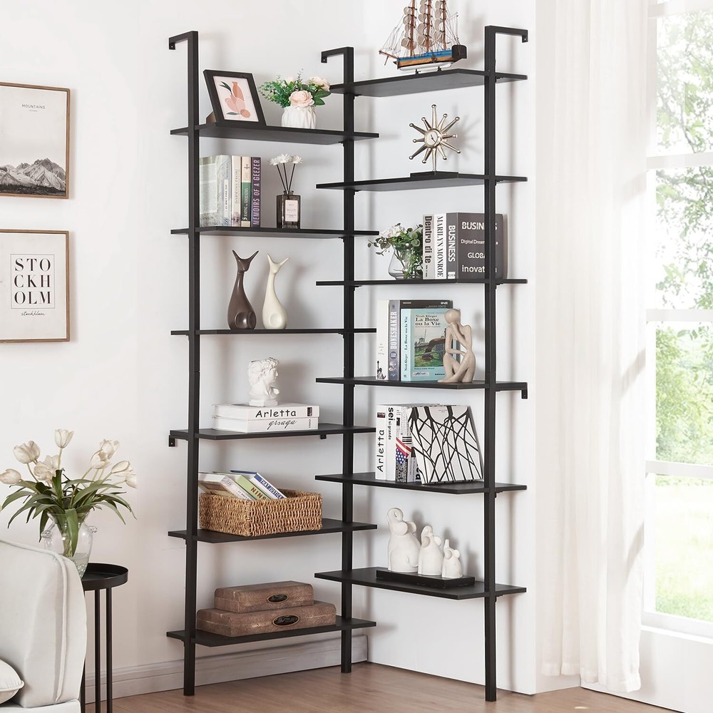 HOMISSUE Corner Bookshelf, 12-Tier L Shaped Double Wide Black