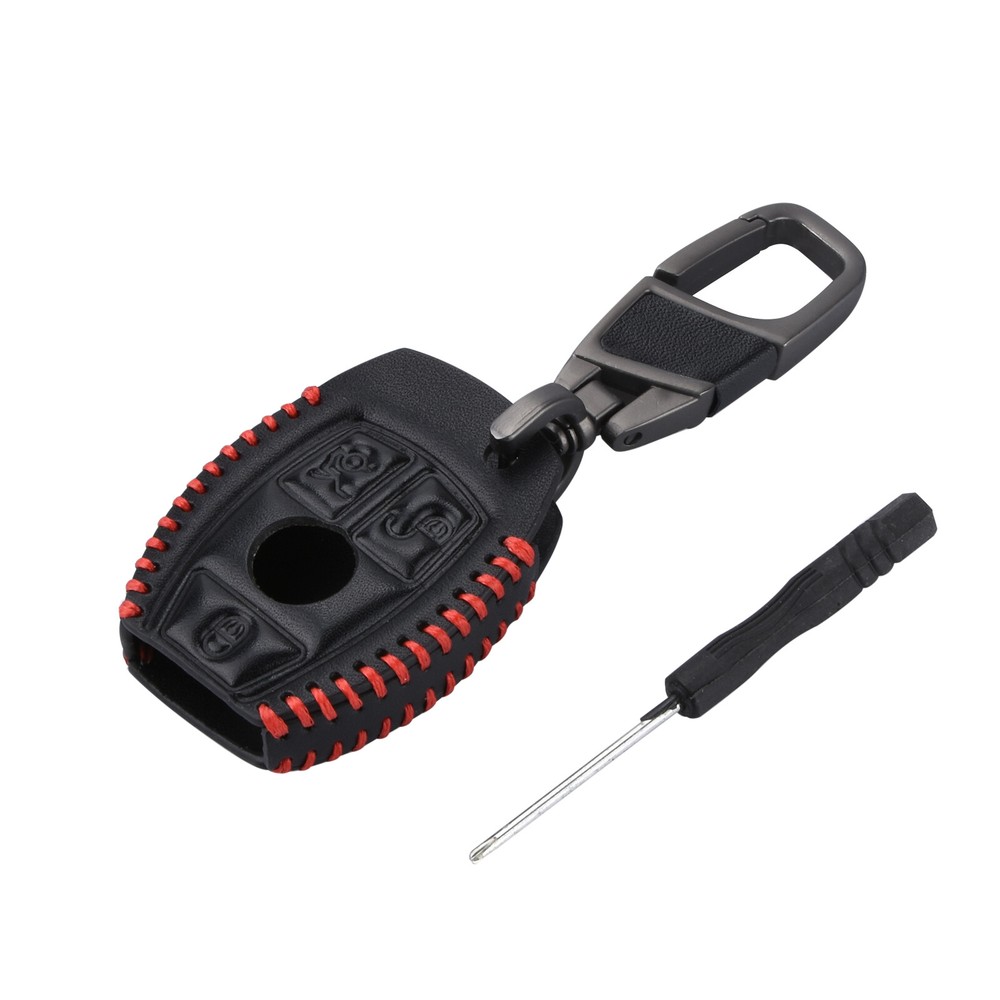 Leather Key Fob Holder with Chain for Mercedes Benz E-Class Remote Key Case 3 Buttons Cover Bag
