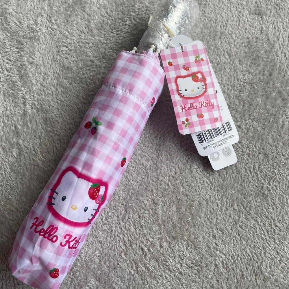 Sanrio Hello Kitty Pink Plaid Cherry Compact Folding Umbrella Korea Limited Edition