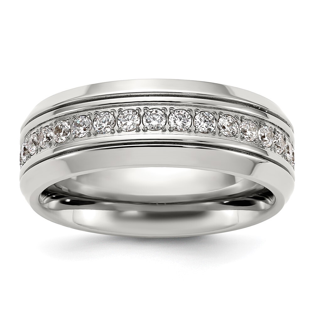 Titanium Polished with Cubic Zirconia 8mm Band Ring Size 9 for Men 5.36gm