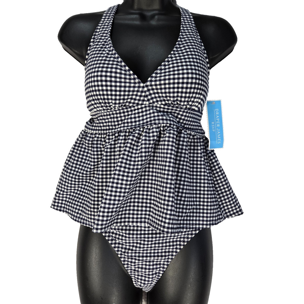 Draper James RSVP 2 Piece Swimsuit Set Gingham Tankini Peplum High Waist NWOT