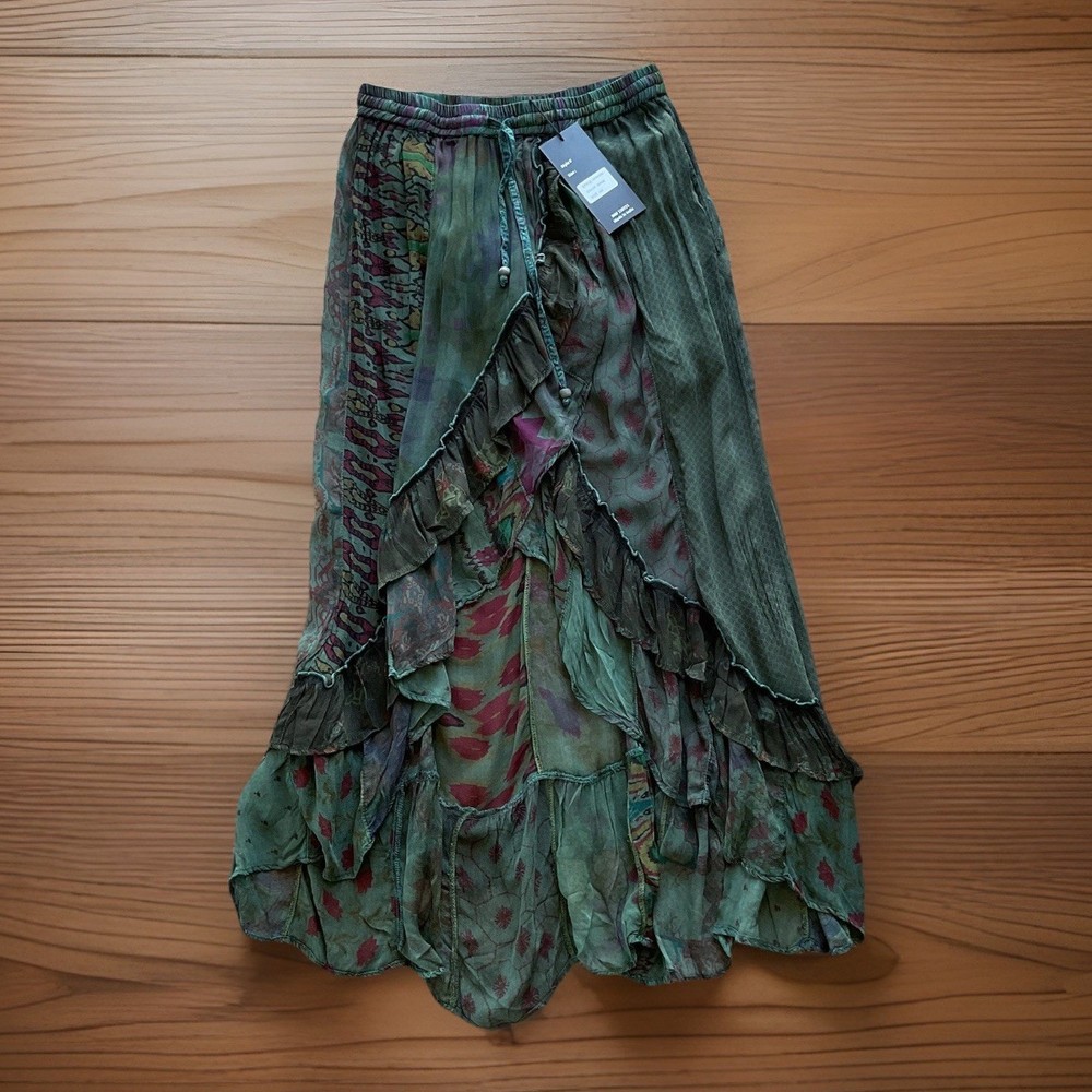 NWT YOUNG THREADS Boho Green Ruffle Sheer Fit & Flare Midi Skirt Mini Lined