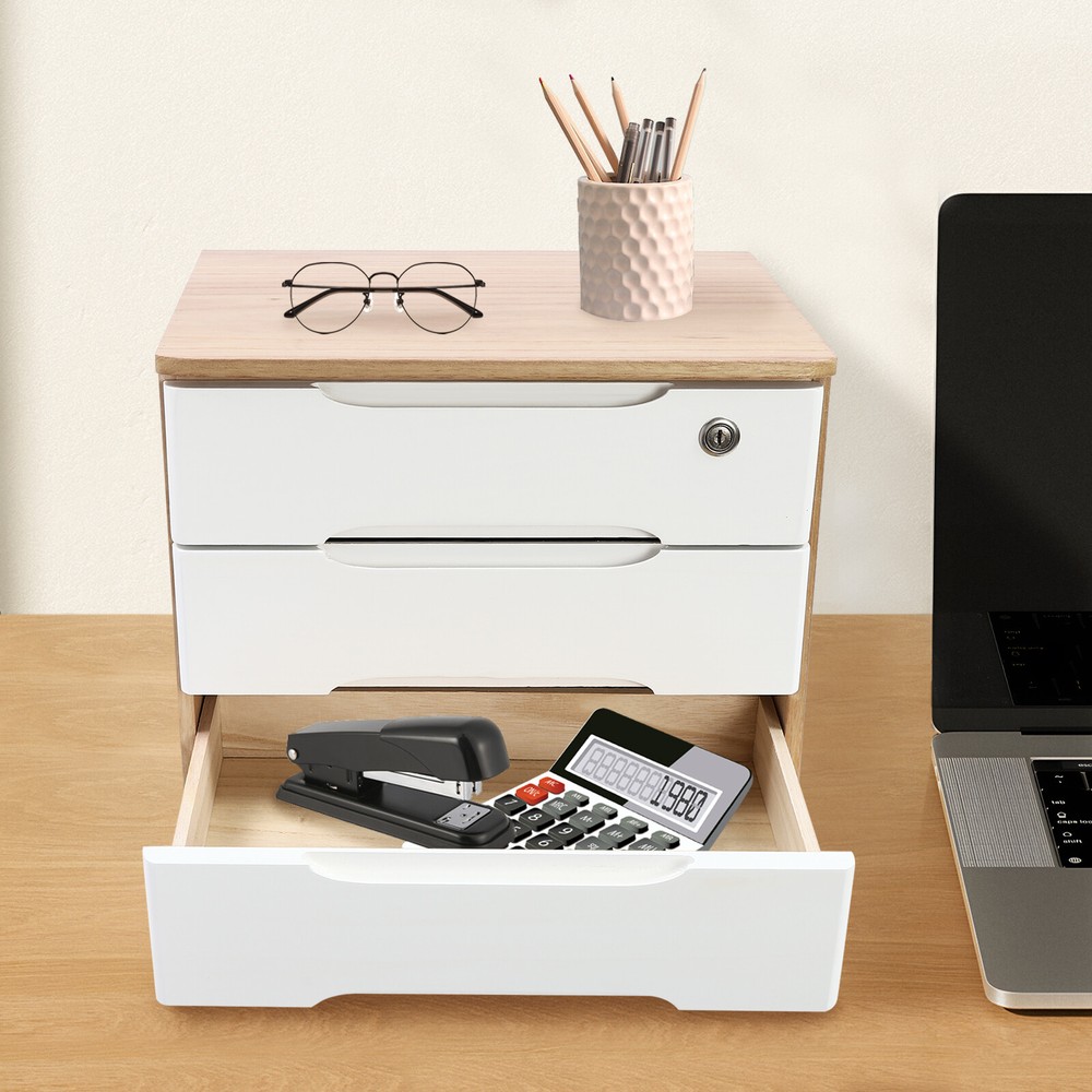 Lockable Wooden Desktop Storage Box with Drawers for Organization