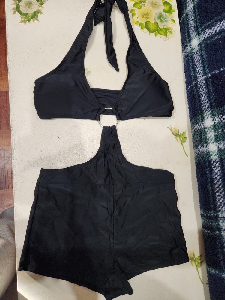 Nova Swim Women Medium Black One-Piece V-Neck Halter w/ Boyleg Shorts Swimsuit