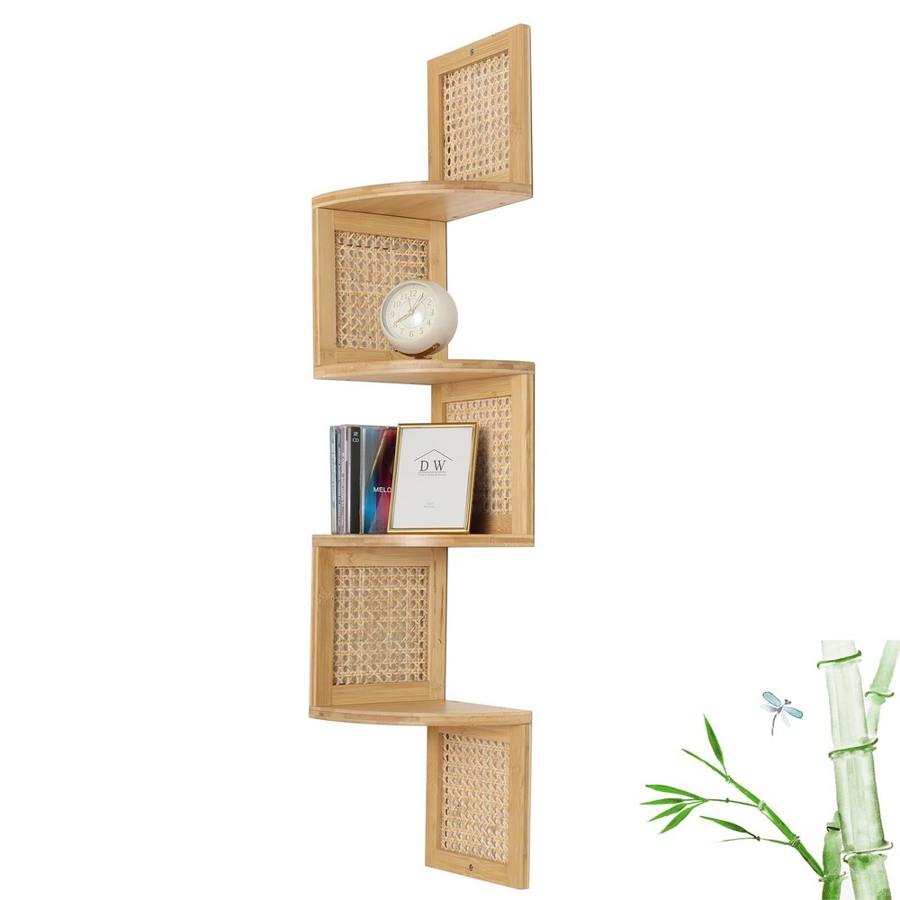 FamilleElement Bamboo 4-Tier Corner Shelf Natural Rattan Floating Corner Shel...
