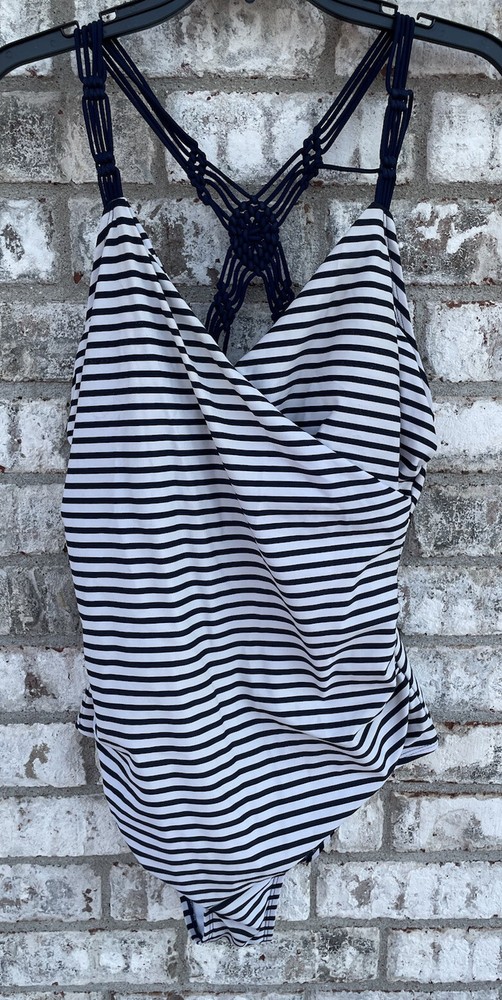 Kona Sol Swimsuit Women’s size XL Black & White Striped onepiece