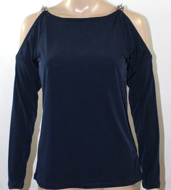 Michael Kors Black Blouse Cold Shoulders Silver Chain Straps Long Sleeves S-image