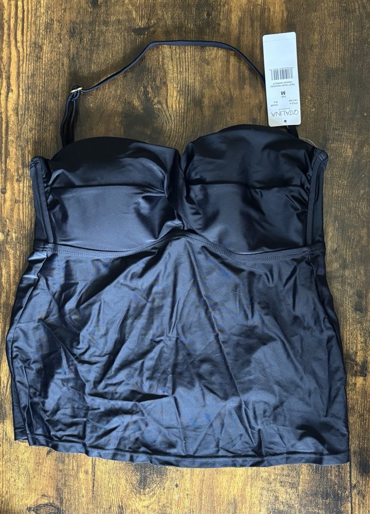Catalina Standard Twist Front Bandeau Tankini Swim Top Size Medium, Black