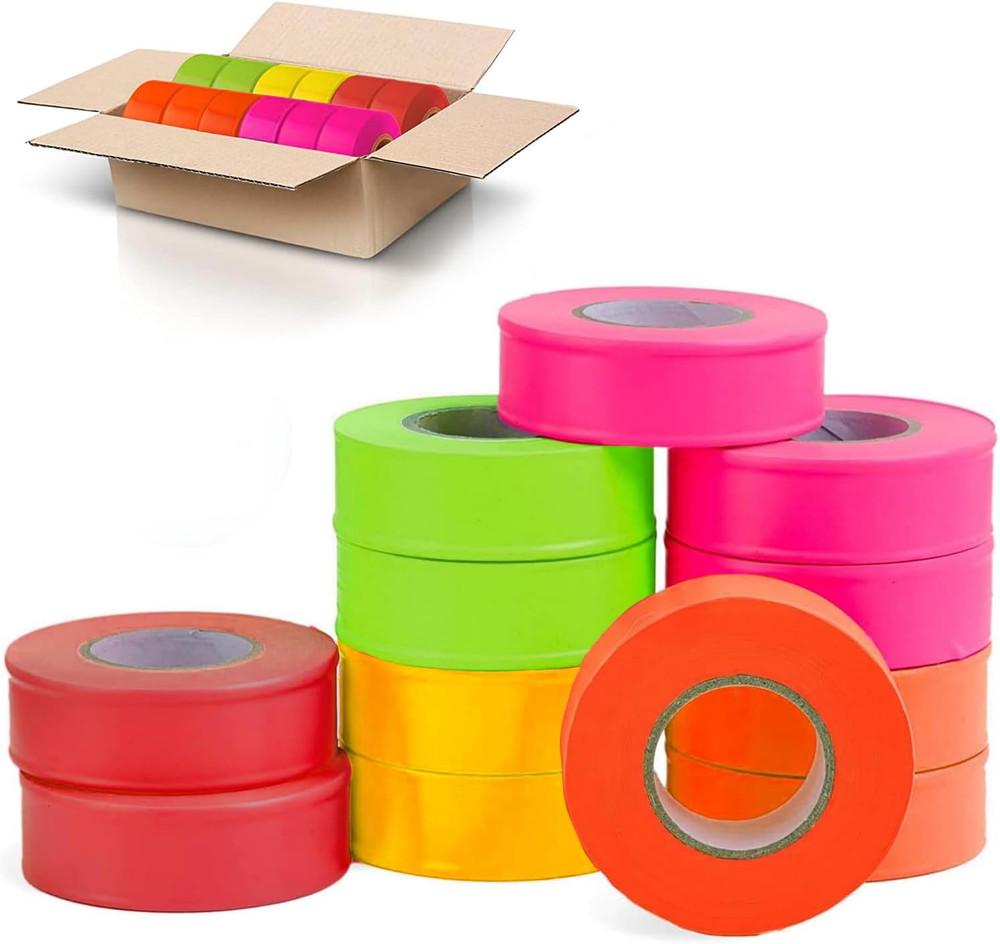 12 Pack Fluorescent Flagging Tape - Multipurpose Neon Marking Tape - Great Visua-image