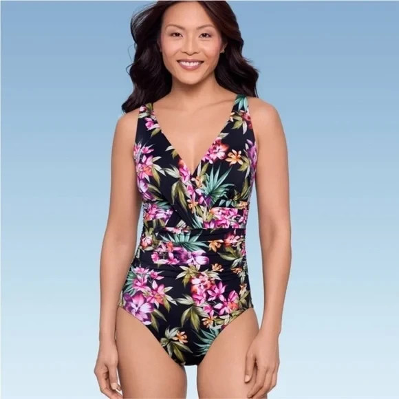 Women's UPF 50 V-Neck Ruched One Piece Swimsuit - Shape + Style by Aqua Green 16