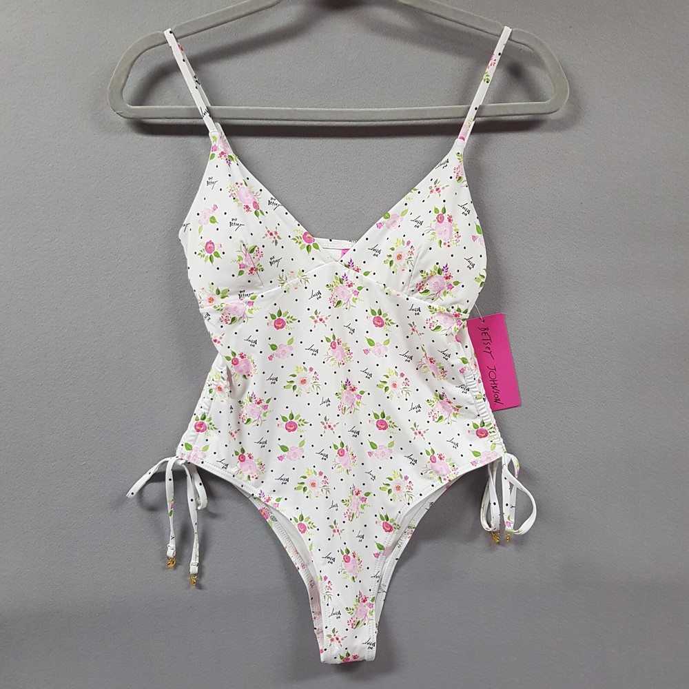 Betsey Johnson Swimsuit Women Large Pink Floral Polka Dot Boquet Scrunched Beach
