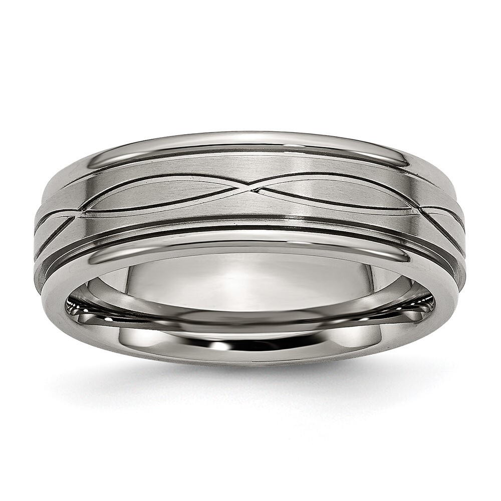 Titanium Brushed Center 7mm Criss-cross Design Ridged Edge Band Ring Size 10